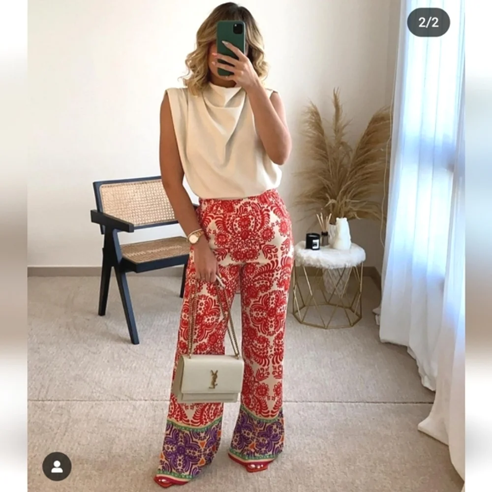 Zara * satin red printed wide leg pants Size XS
